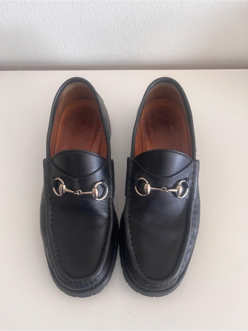 Gucci Black Leather Horsebit Lug Sole Loafers